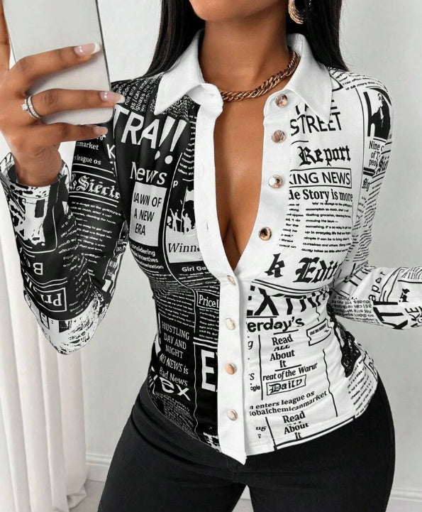 Women's Casual Daily Full Print Front Button Long Sleeve Shirt