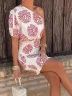 Summer New Fashion Elegant Red Slant Shoulder Printed Short Skirt Asymmetric Sleeves