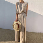 Cotton And Linen Casual Sleeveless Top Wide Leg Pants Two-piece Set