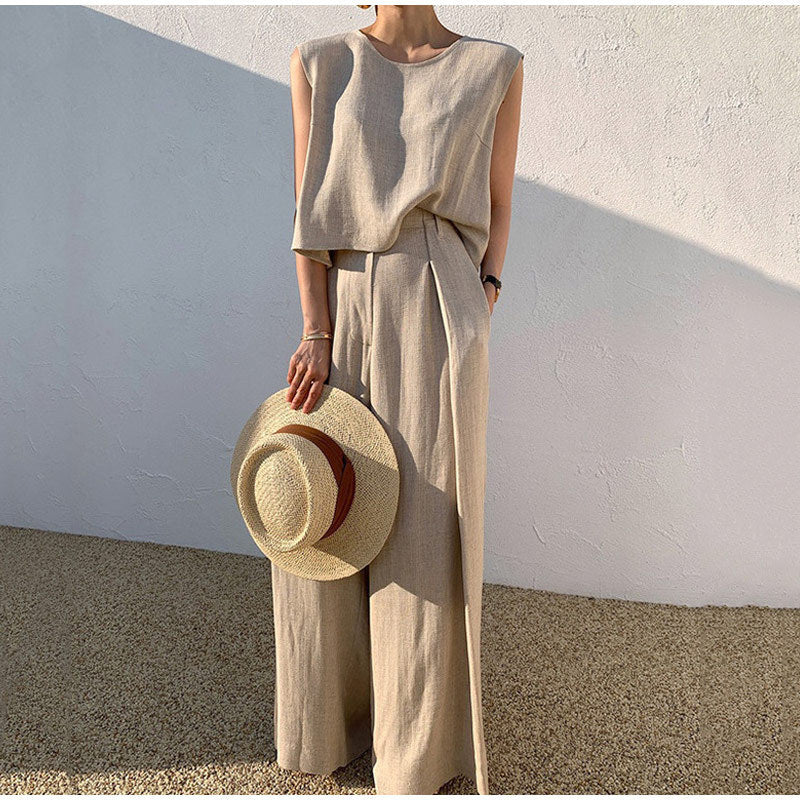 Cotton And Linen Casual Sleeveless Top Wide Leg Pants Two-piece Set