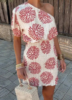 Summer New Fashion Elegant Red Slant Shoulder Printed Short Skirt Asymmetric Sleeves