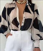Women's Elegant Loose Geometric Print Lantern Sleeve Blouse, Spring & Summer